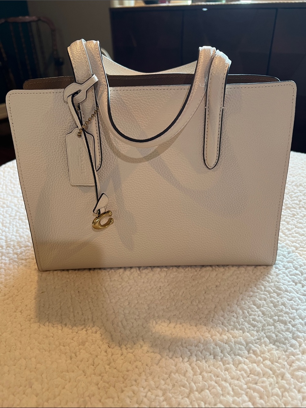 Coach Cream Leather Tote with Gold Charm